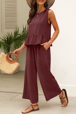 image-Duffel Green Solid Color Ribbed Ruffle Tank Top and Pants Set