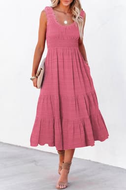 image-Rose Shirred Pleated Square Neck Sleeveless Midi Dress