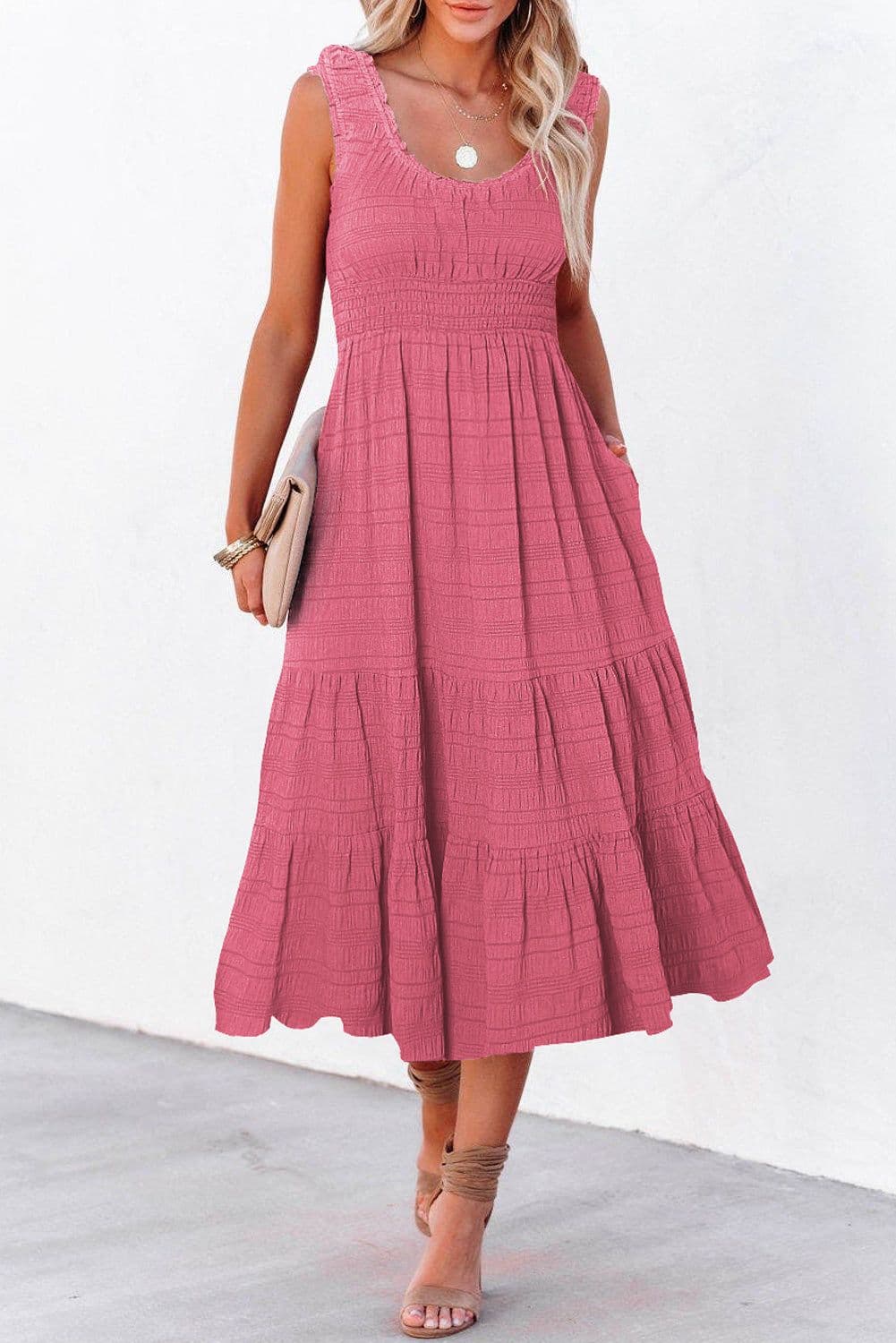 image-Rose Shirred Pleated Square Neck Sleeveless Midi Dress