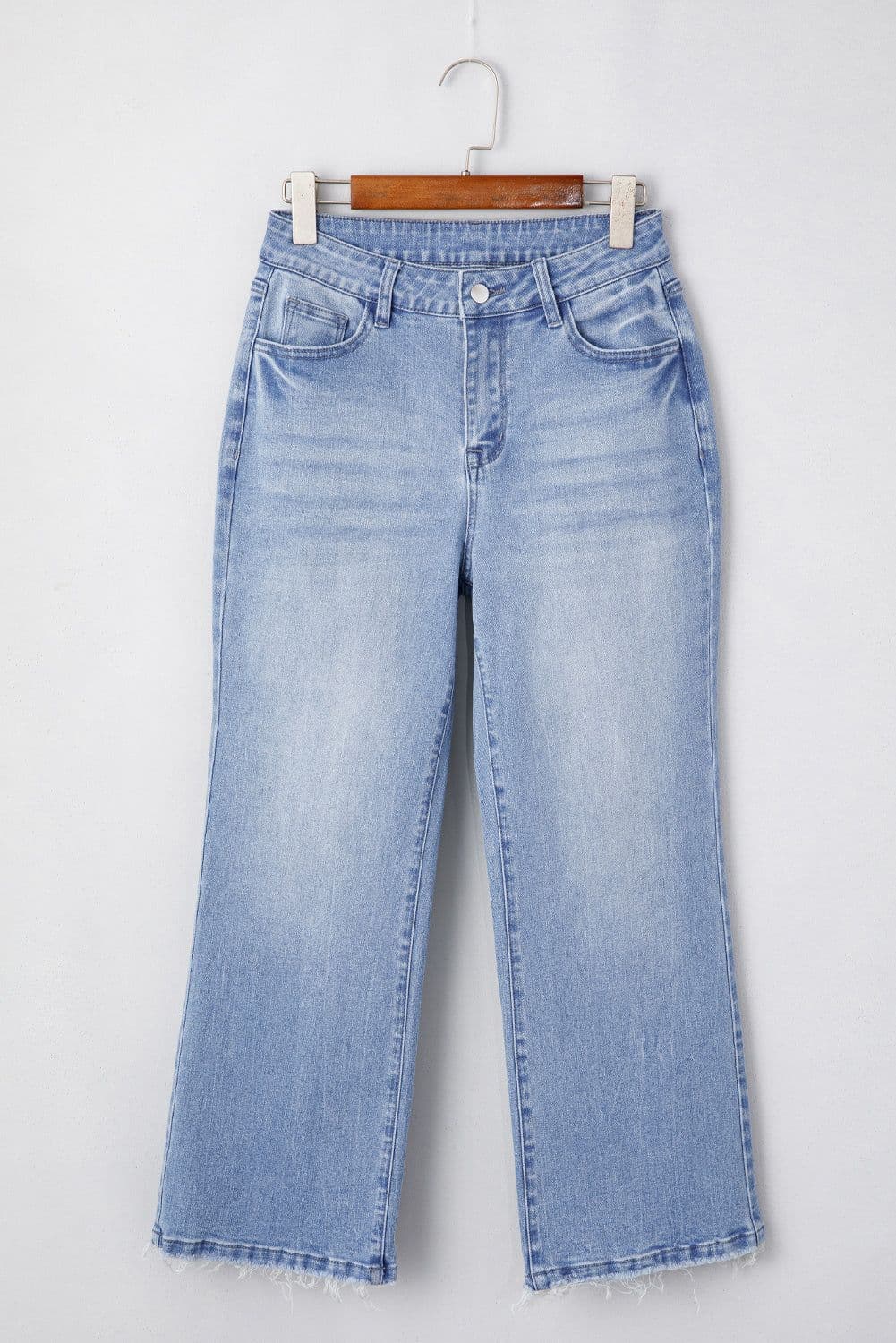 image-Beau Blue High Waist Flared Jeans - Raw Hem, Mineral Wash, 60" Modern