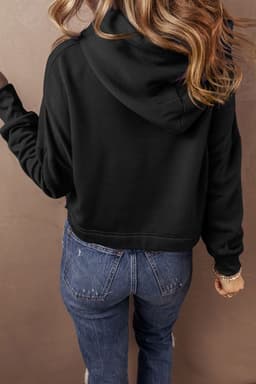 image-Dark Blue Cropped Hoodie Drop Shoulder Drawstring