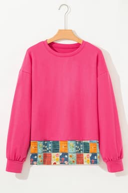 image-Floral Patchwork Round Neck Casual Top - Strawberry Pink