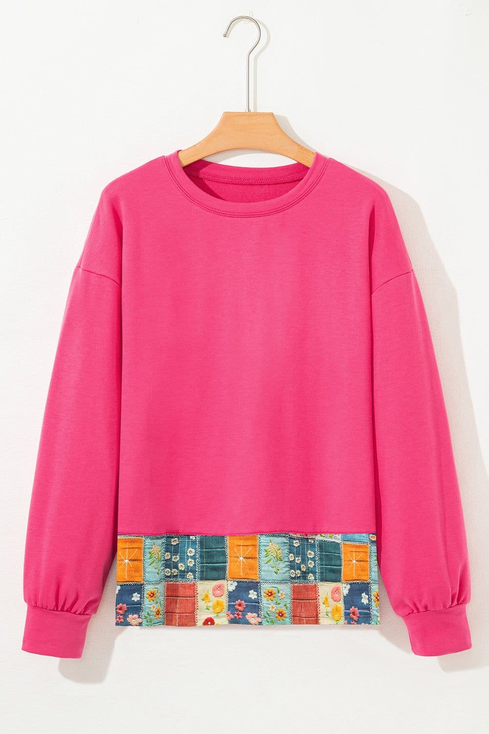 image-Floral Patchwork Round Neck Casual Top - Strawberry Pink