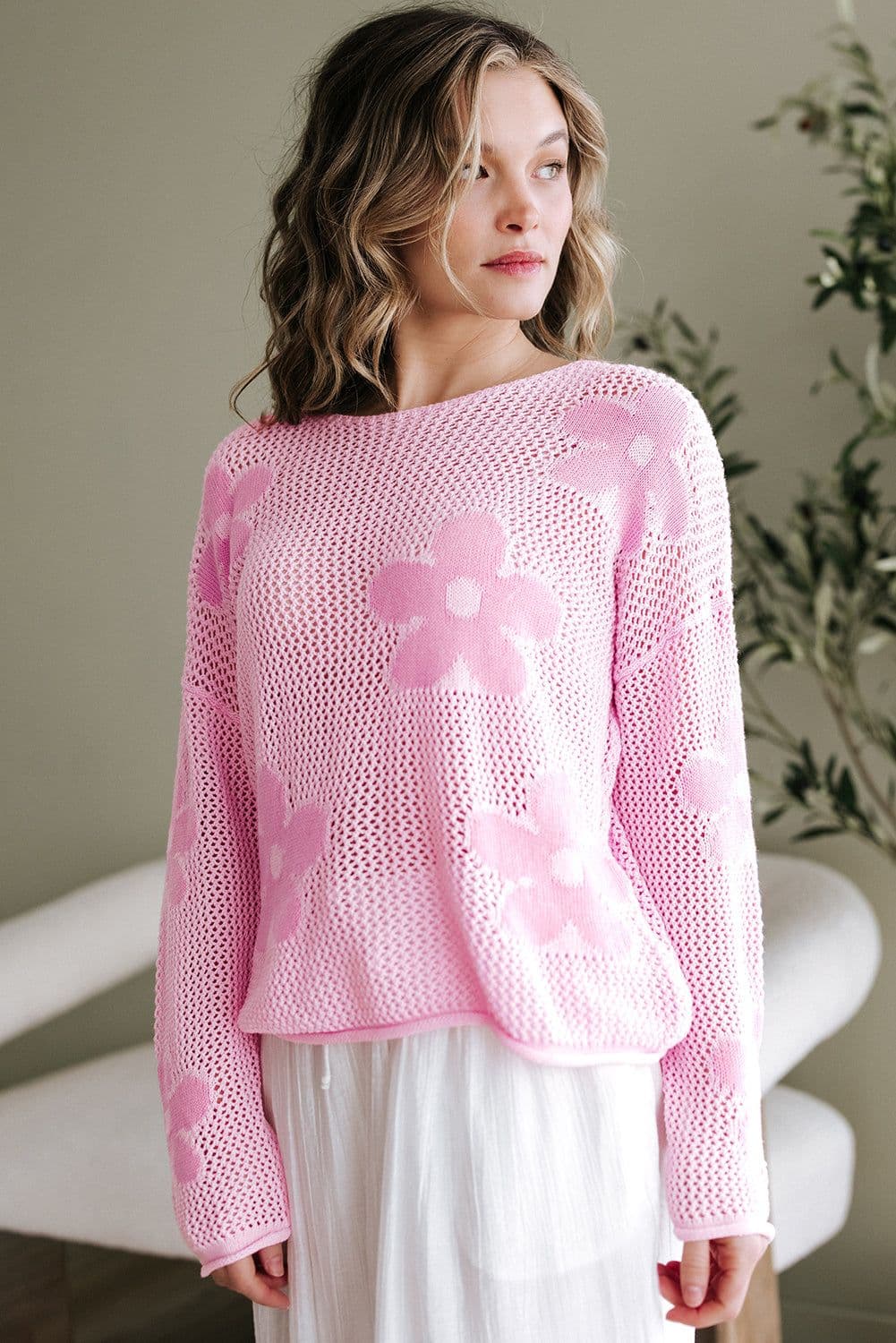 image-Light Pink Hollowed Knit Drop Shoulder Sweater - Chic & Feminine