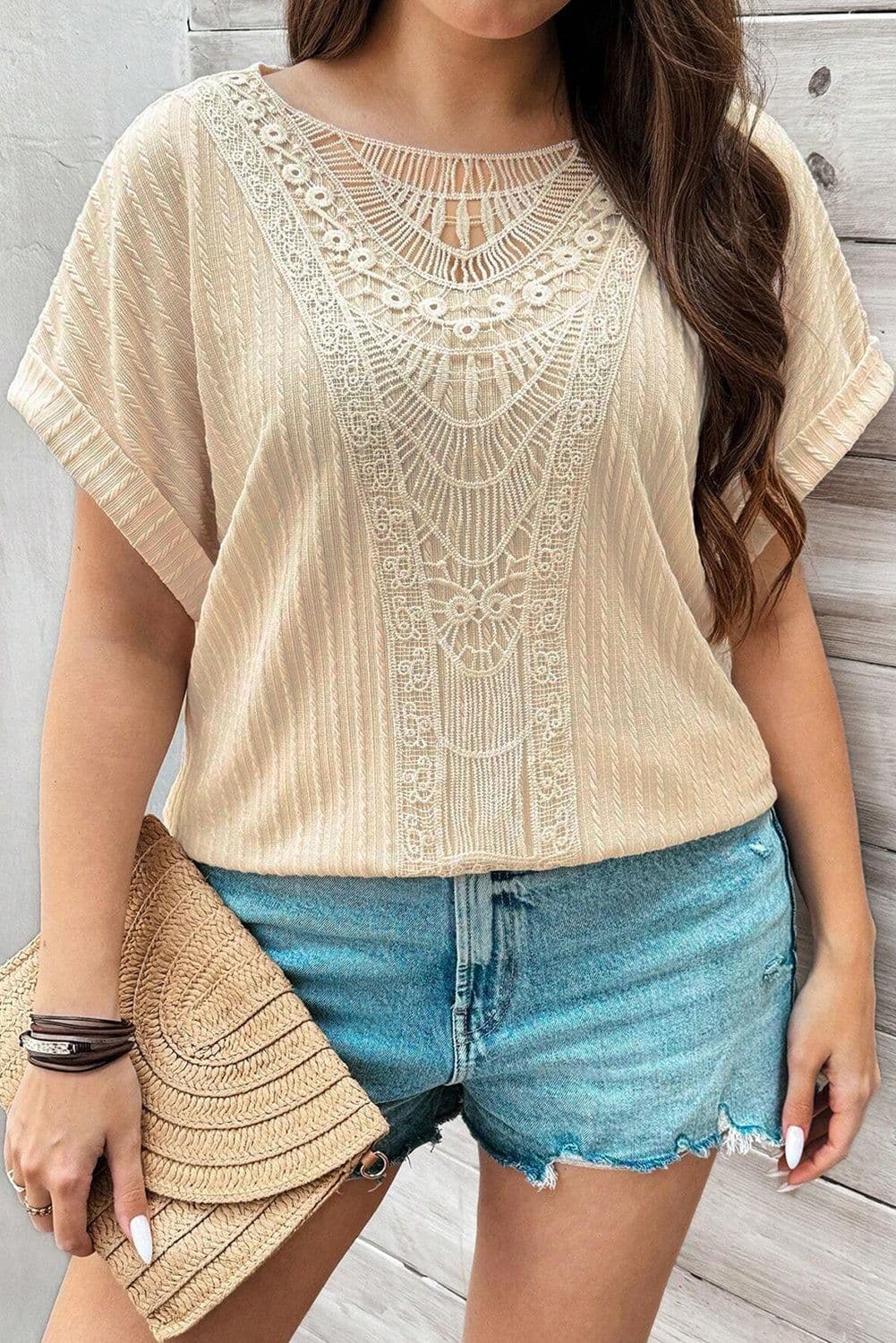 image-Plus Size Beige Crochet Lace Patched Cuffed Sleeve Top - Textured Cable Knit (65 characters)