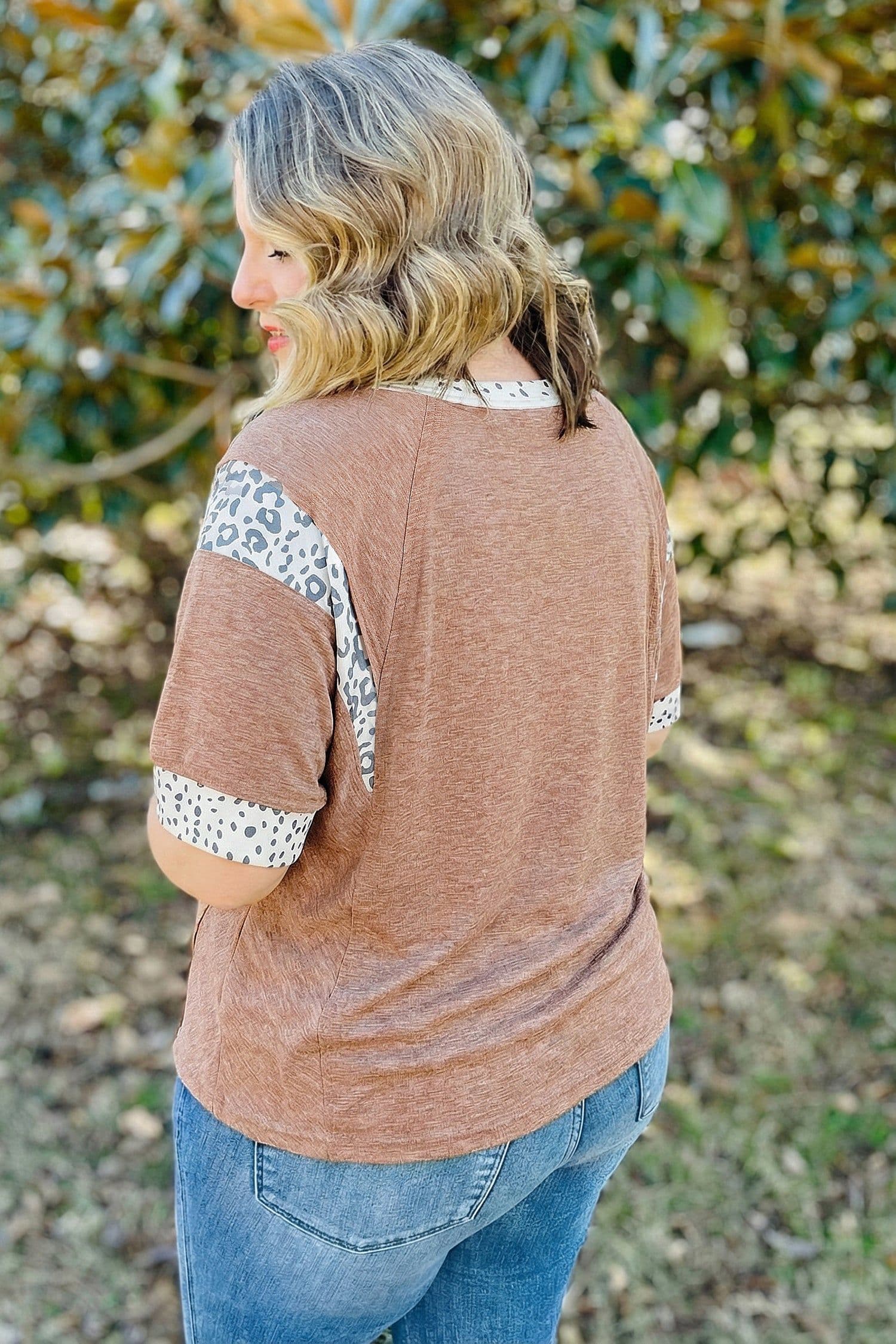 image-Chestnut Animal Color Block Patchwork Plus Size Tee