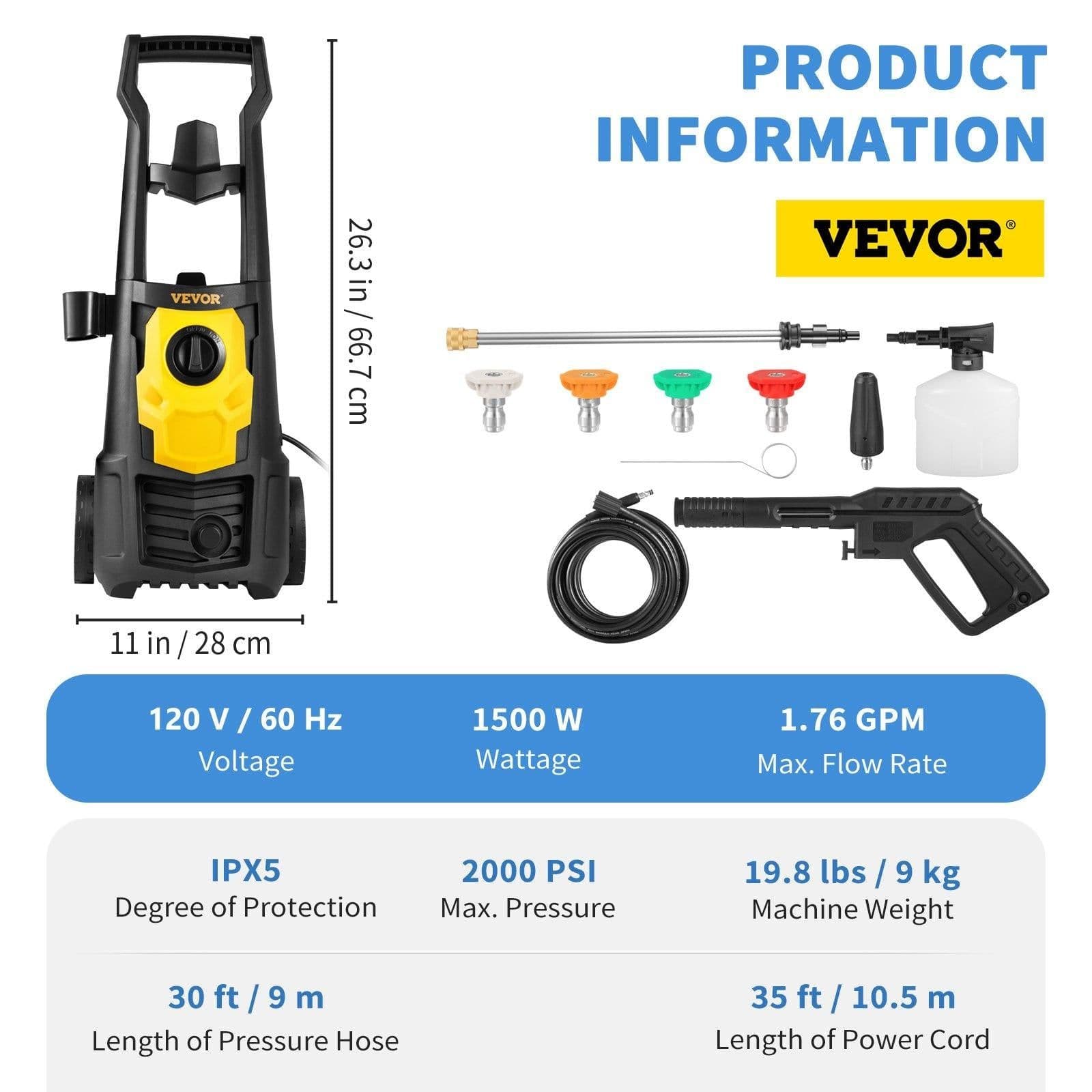 image-VEVOR Electric Pressure Washer, 2000 PSI, Max. 1.76 GPM Power Washer with 30 ft Hose, 5 Quick Connect Nozzles, Foam Cannon, Portable to Clean Patios, Cars, Fences, Driveways, ETL Listed