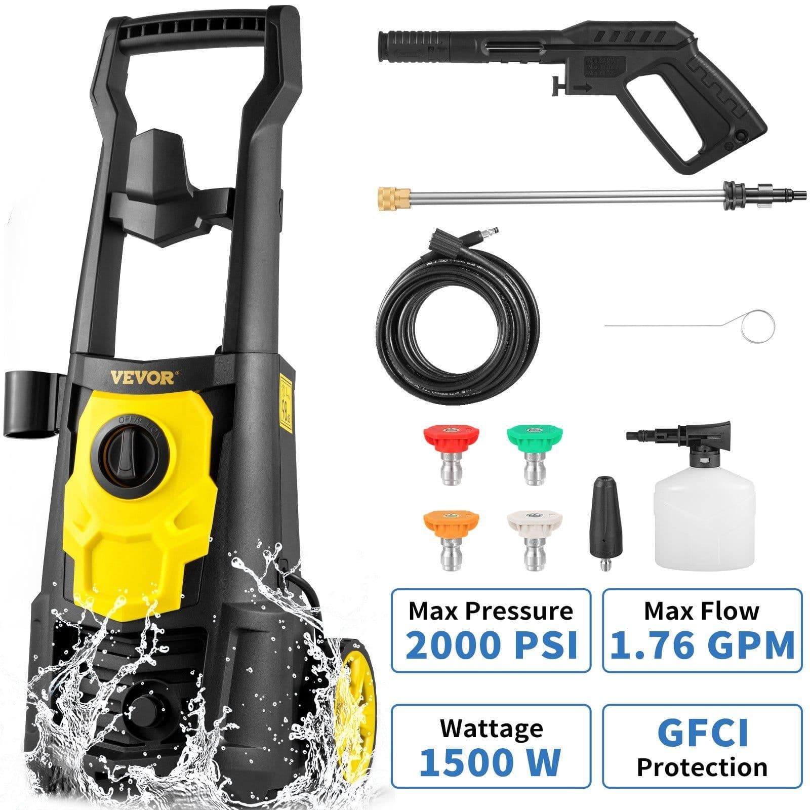image-VEVOR Electric Pressure Washer, 2000 PSI, Max. 1.76 GPM Power Washer with 30 ft Hose, 5 Quick Connect Nozzles, Foam Cannon, Portable to Clean Patios, Cars, Fences, Driveways, ETL Listed