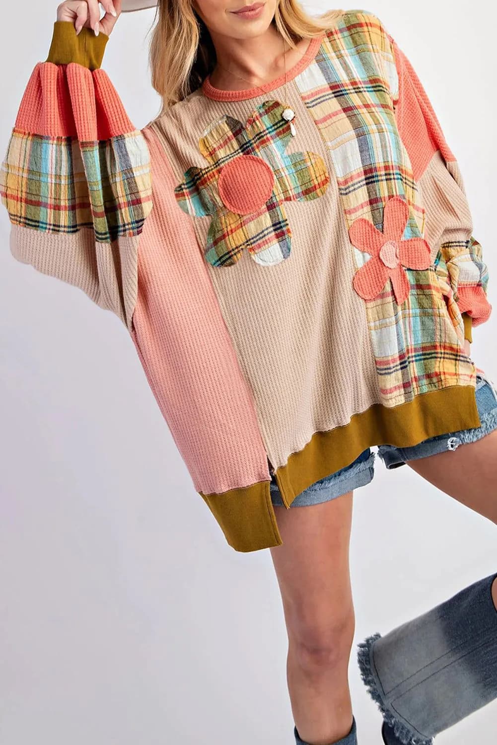 image-Plaid Patchwork Side Slits Loose Multicolour Sweatshirt