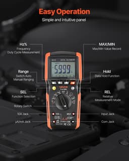 image-VEVOR Digital Multimeter, 6000-Count TRMS DC/AC Voltmeter Current Tester, Auto-Ranging Multimeter for Current Voltage Resistance Capacitance Temperature Diodes Continuity Low Impedance Measurment