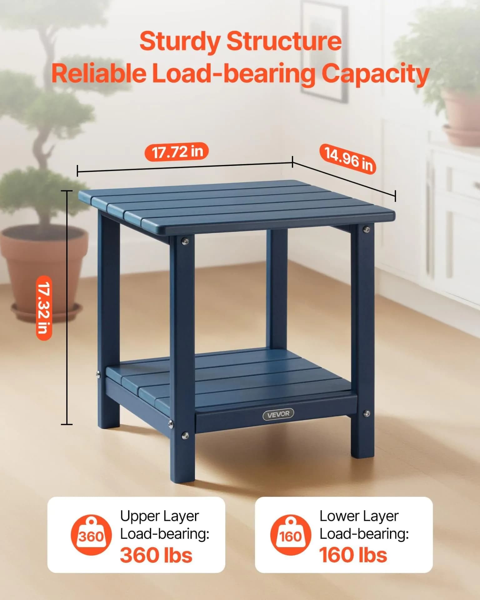image-VEVOR Table d'Appoint Extérieur Jardin, 2 Niveaux, 45 x 38 x 44 cm, en PEHD, Entretien Facile, Résiste aux Intempéries, pour Terrasse, Bord de Piscine, Plage, Porche, Patio, Balcon, Intérieur, Bleu