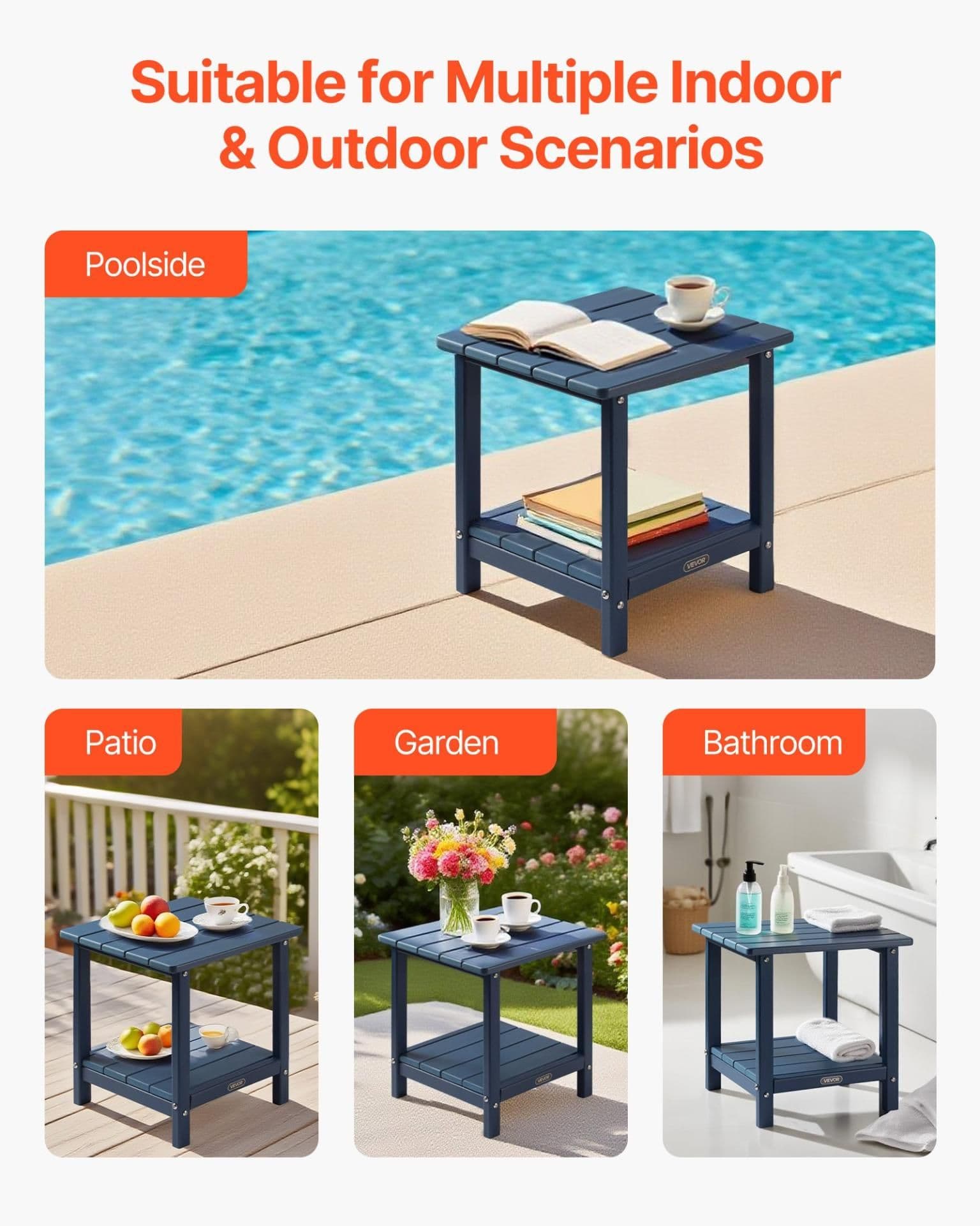 image-VEVOR Table d'Appoint Extérieur Jardin, 2 Niveaux, 45 x 38 x 44 cm, en PEHD, Entretien Facile, Résiste aux Intempéries, pour Terrasse, Bord de Piscine, Plage, Porche, Patio, Balcon, Intérieur, Bleu