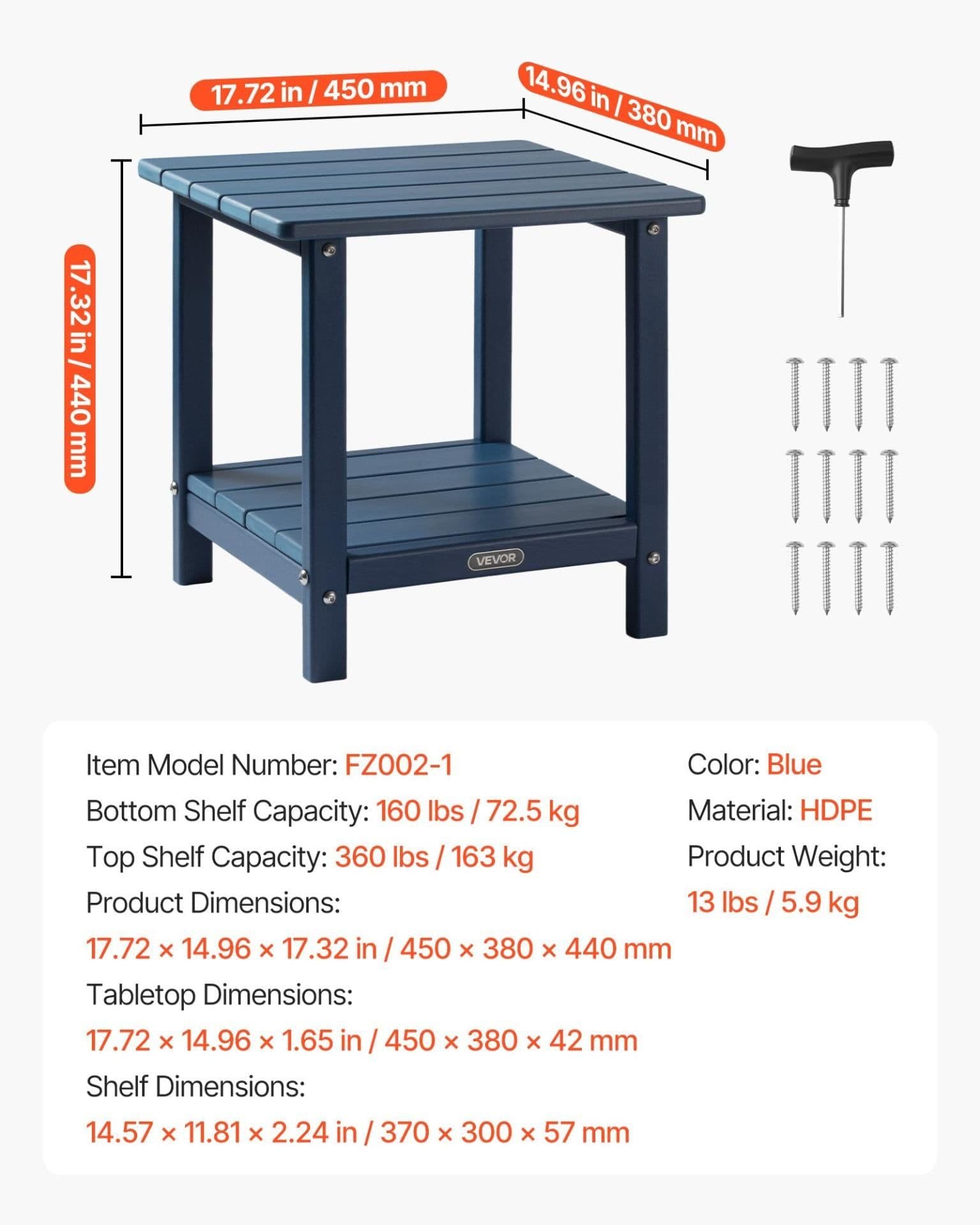 image-VEVOR Table d'Appoint Extérieur Jardin, 2 Niveaux, 45 x 38 x 44 cm, en PEHD, Entretien Facile, Résiste aux Intempéries, pour Terrasse, Bord de Piscine, Plage, Porche, Patio, Balcon, Intérieur, Bleu