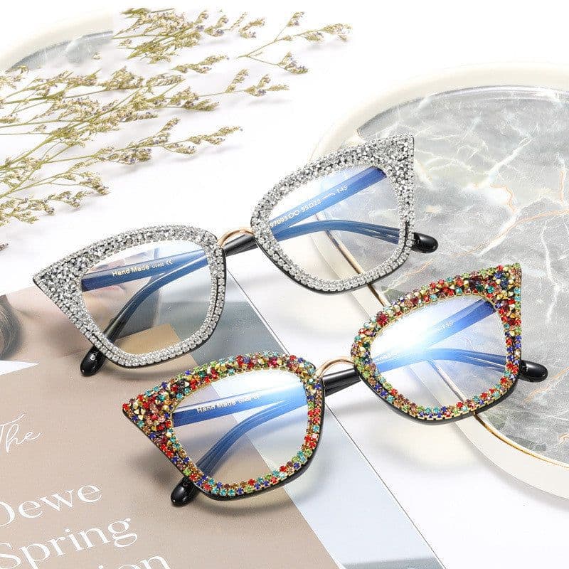 image-A97093 New Fashion Cat Eye Anti Blue Light Glasses Full Rim Frame Optical Glasses Trendy Spot Drill Plain Glasses Women