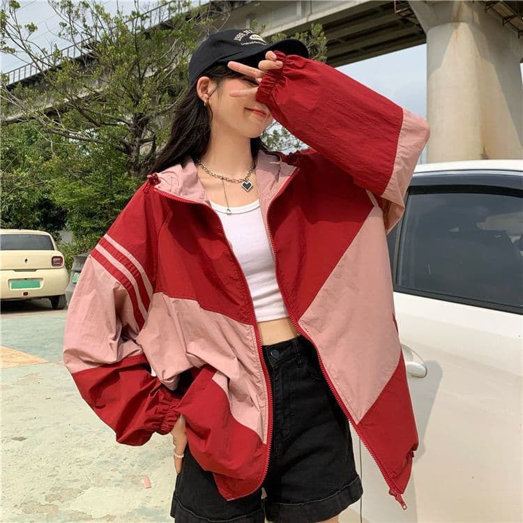 image-Contrast Color Hooded Sun Protection Clothing For Women Loose Thin Coat
