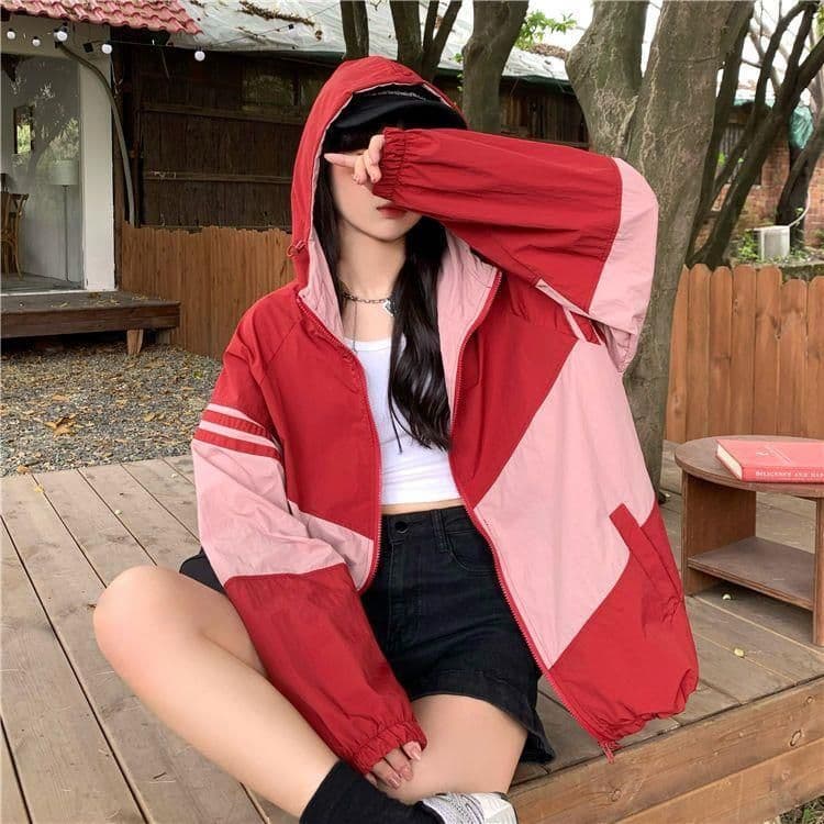 image-Contrast Color Hooded Sun Protection Clothing For Women Loose Thin Coat