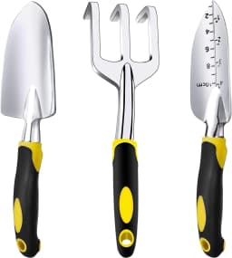 image-Gardening Hand Tools 3 Piece Set - Heavy Duty Garden Trowel, Transplanter, Hand Rake - Ergo Grip Handle - Bend-Proof & Rust-Proof Design