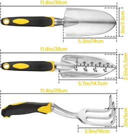 image-Gardening Hand Tools 3 Piece Set - Heavy Duty Garden Trowel, Transplanter, Hand Rake - Ergo Grip Handle - Bend-Proof & Rust-Proof Design