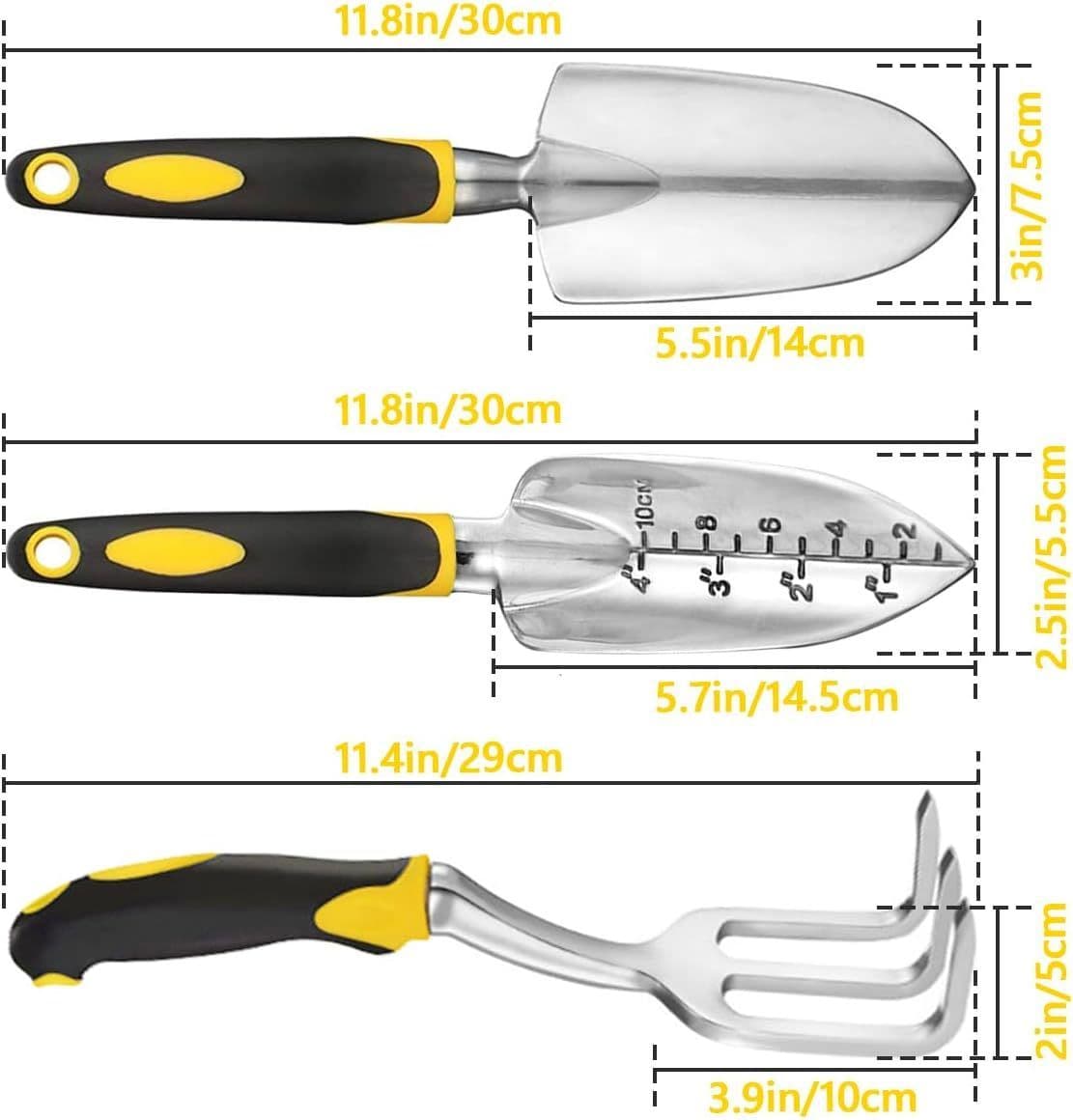 image-Gardening Hand Tools 3 Piece Set - Heavy Duty Garden Trowel, Transplanter, Hand Rake - Ergo Grip Handle - Bend-Proof & Rust-Proof Design