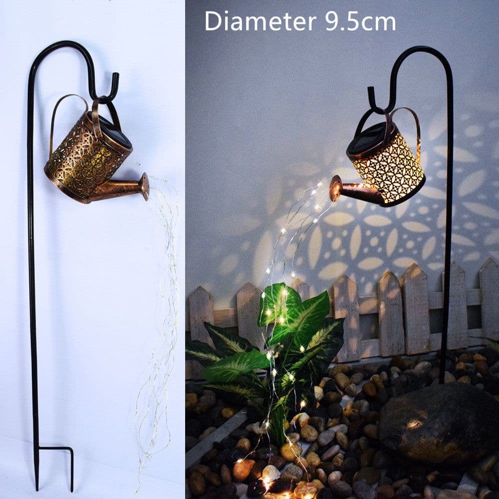 image-Enchanted Watering Can Outdoor Solar Watering Can Ornament Lamp Garden Art Light Decoration Hollow-out Iron Shower LED Lights