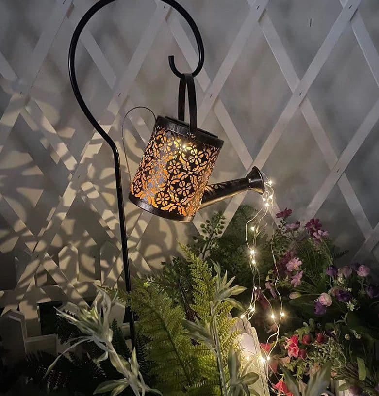 image-Enchanted Watering Can Outdoor Solar Watering Can Ornament Lamp Garden Art Light Decoration Hollow-out Iron Shower LED Lights