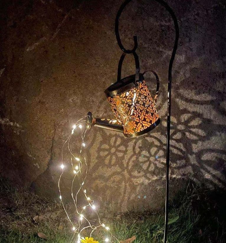 image-Enchanted Watering Can Outdoor Solar Watering Can Ornament Lamp Garden Art Light Decoration Hollow-out Iron Shower LED Lights