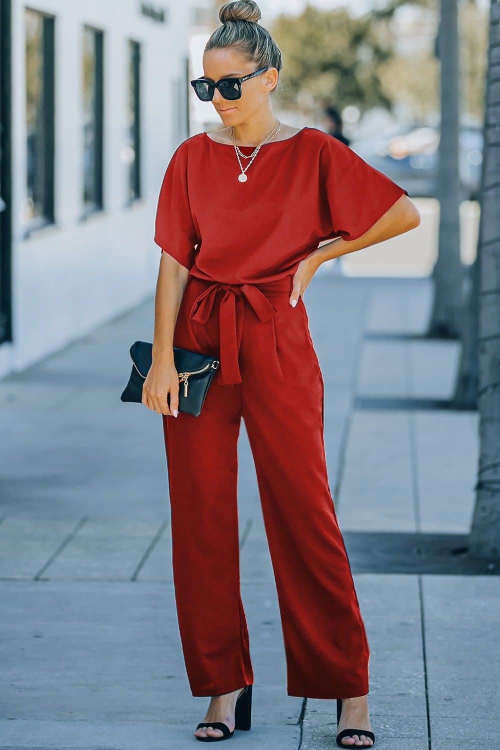 image-Black Belted Wide Leg Jumpsuit