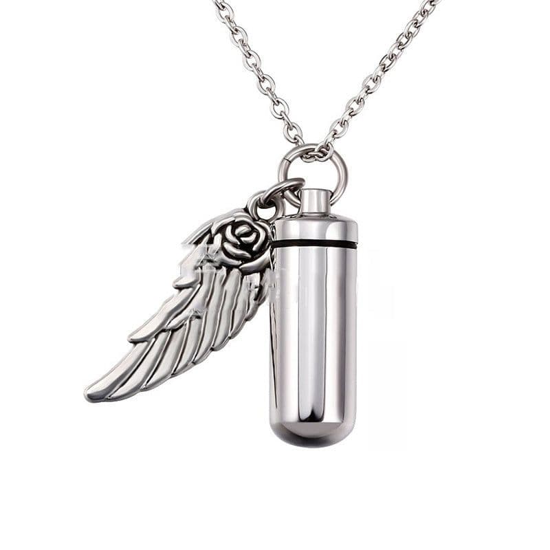 image-Cylindrical urn wing pendant, perfume bottle jewelry