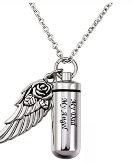 image-Cylindrical urn wing pendant, perfume bottle jewelry