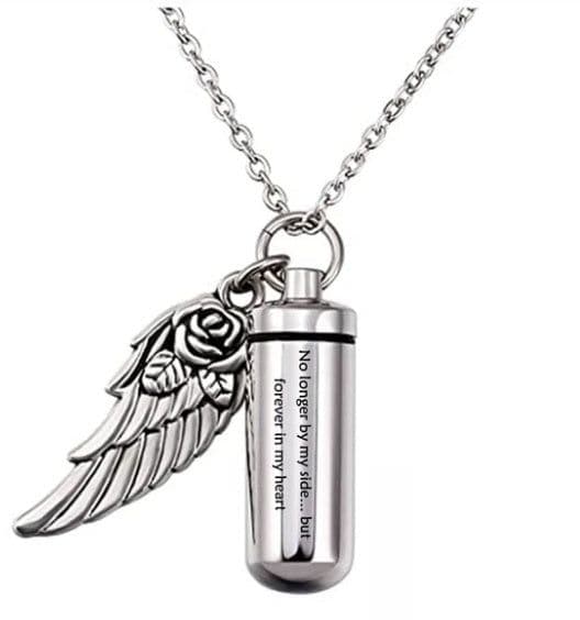 image-Cylindrical urn wing pendant, perfume bottle jewelry
