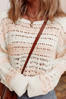 image-Pink Hollow-out Colorblock Drop Shoulder Casual Sweater