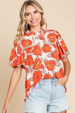 image-Orange Floral Bubble Sleeve Frill Neck Loose Blouse