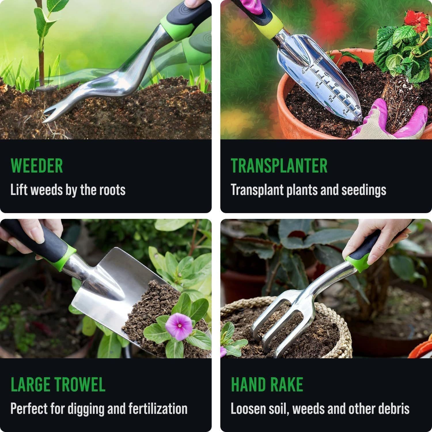image-Heavy Duty Garden Tools 9Pieces Set - Rust Proof, Ergonomic Gardening Hand Tools Garden Gifts For Mom And Dad