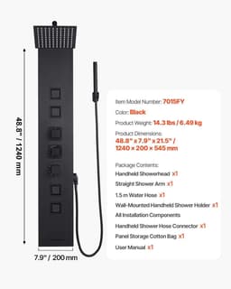 image-VEVOR Shower Panel Tower System with Rainfall Shower Head, 49 in Brushed Stainless Steel Shower Column, 4-Function Faucet, Wall-Mount Rain Massage System, with 4 Body Jets, Handheld, and Tub Spout