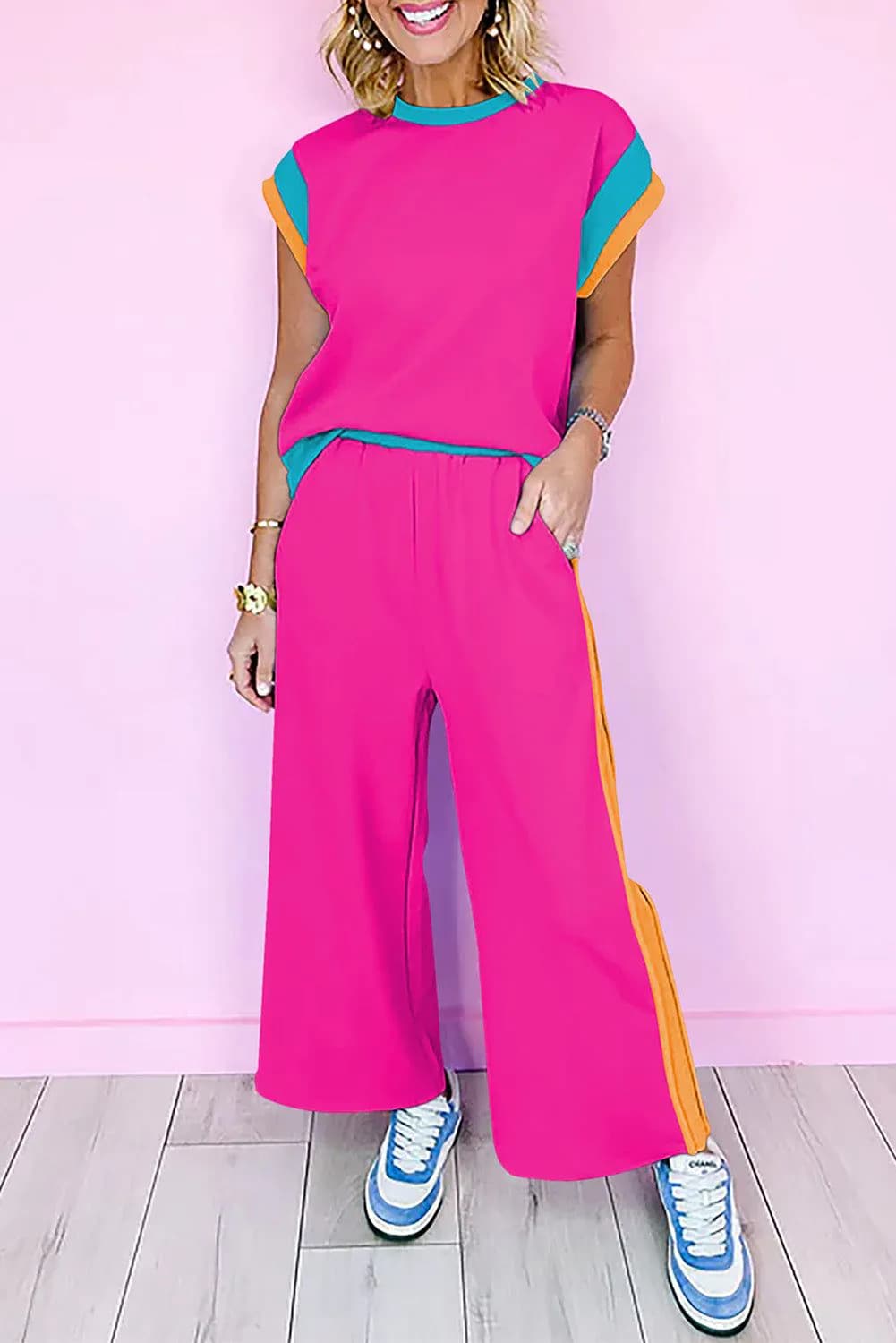 image-Strawberry Pink Color Block Two-Piece Set