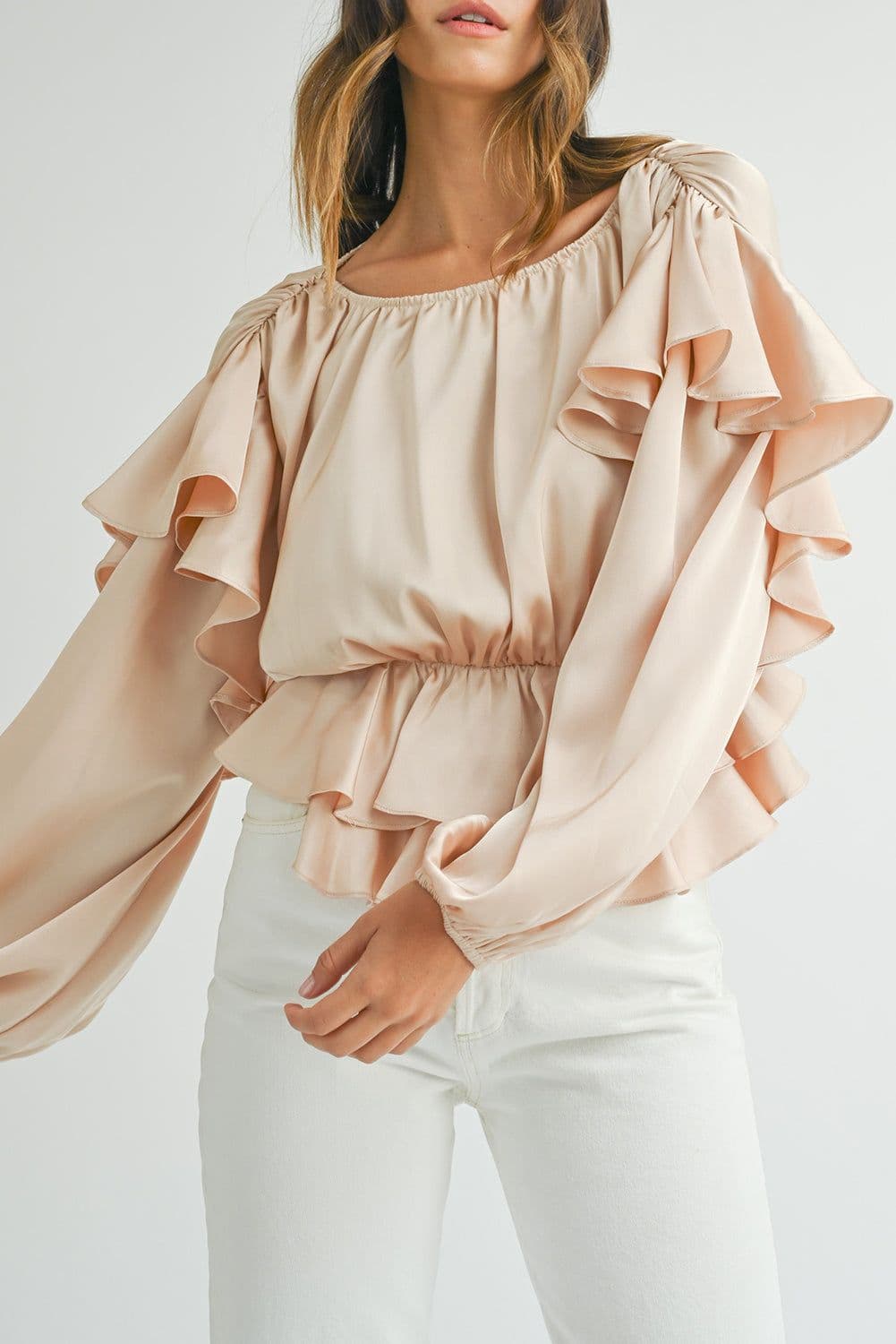 image-Oatmeal Ruffled Peplum Blouse - Keyhole Back, Size S-XL