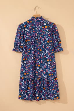 image-Blue Wild Daisy Floral Split Neck Short Puff Sleeve Mini Dress