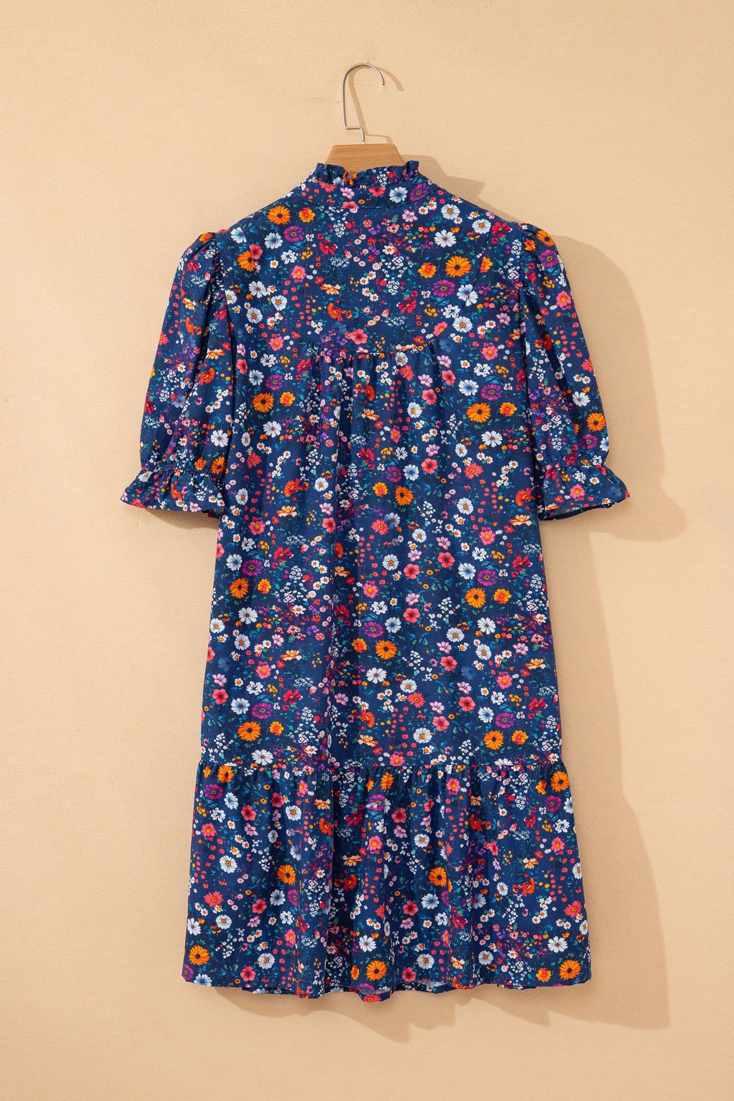 image-Blue Wild Daisy Floral Split Neck Short Puff Sleeve Mini Dress