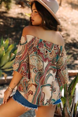 image-Apricot Paisley Off Shoulder Blouse - Ruffled Sleeves