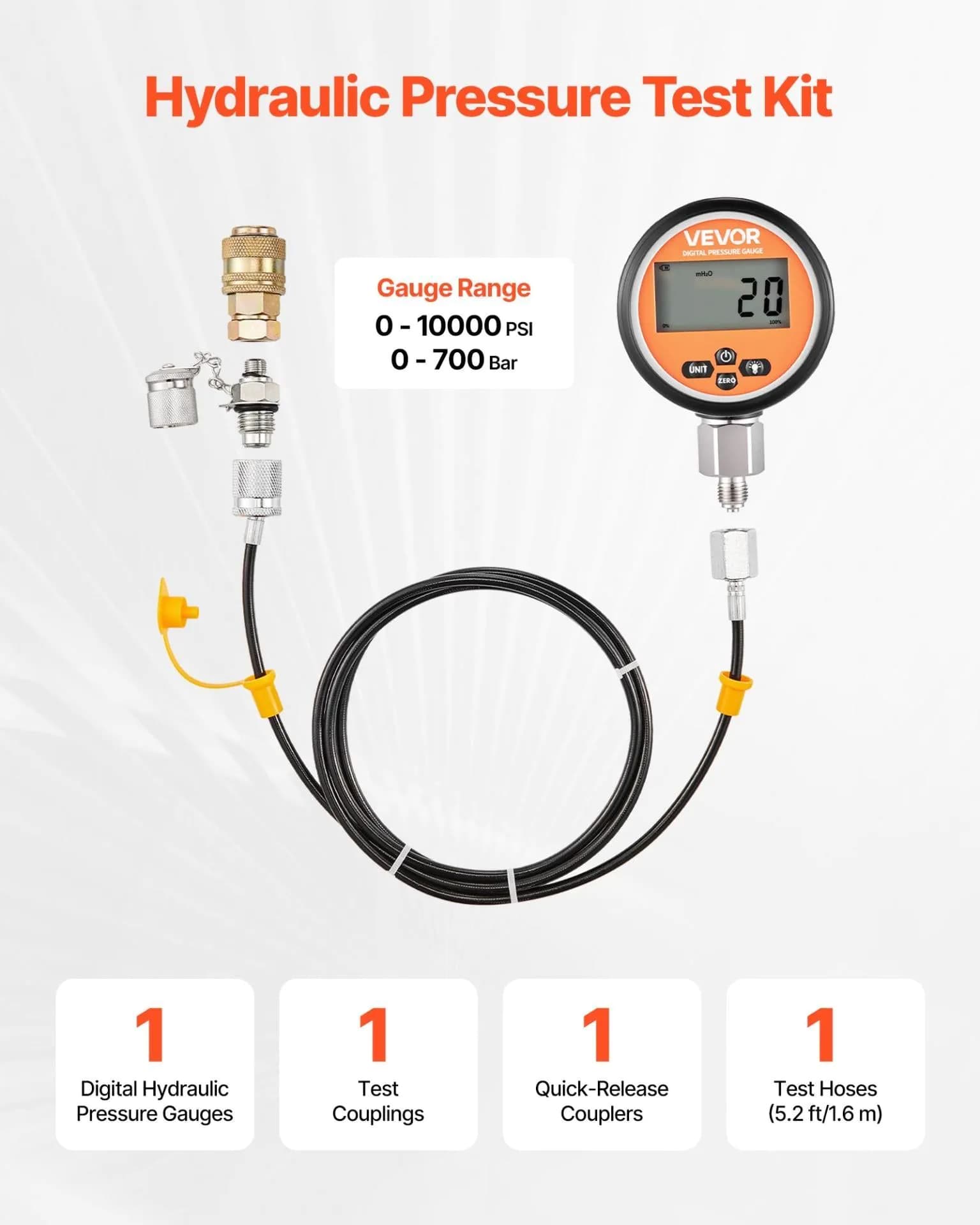 image-VEVOR Digital Hydraulic Pressure Test Coupling Kit, 10000 PSI Pressure Gauge Manometer Tester with 1 Gauge, 1 Test Coupling, 1 Quick-Release Coupler, and 1 Hose for Excavator Construction Machinery