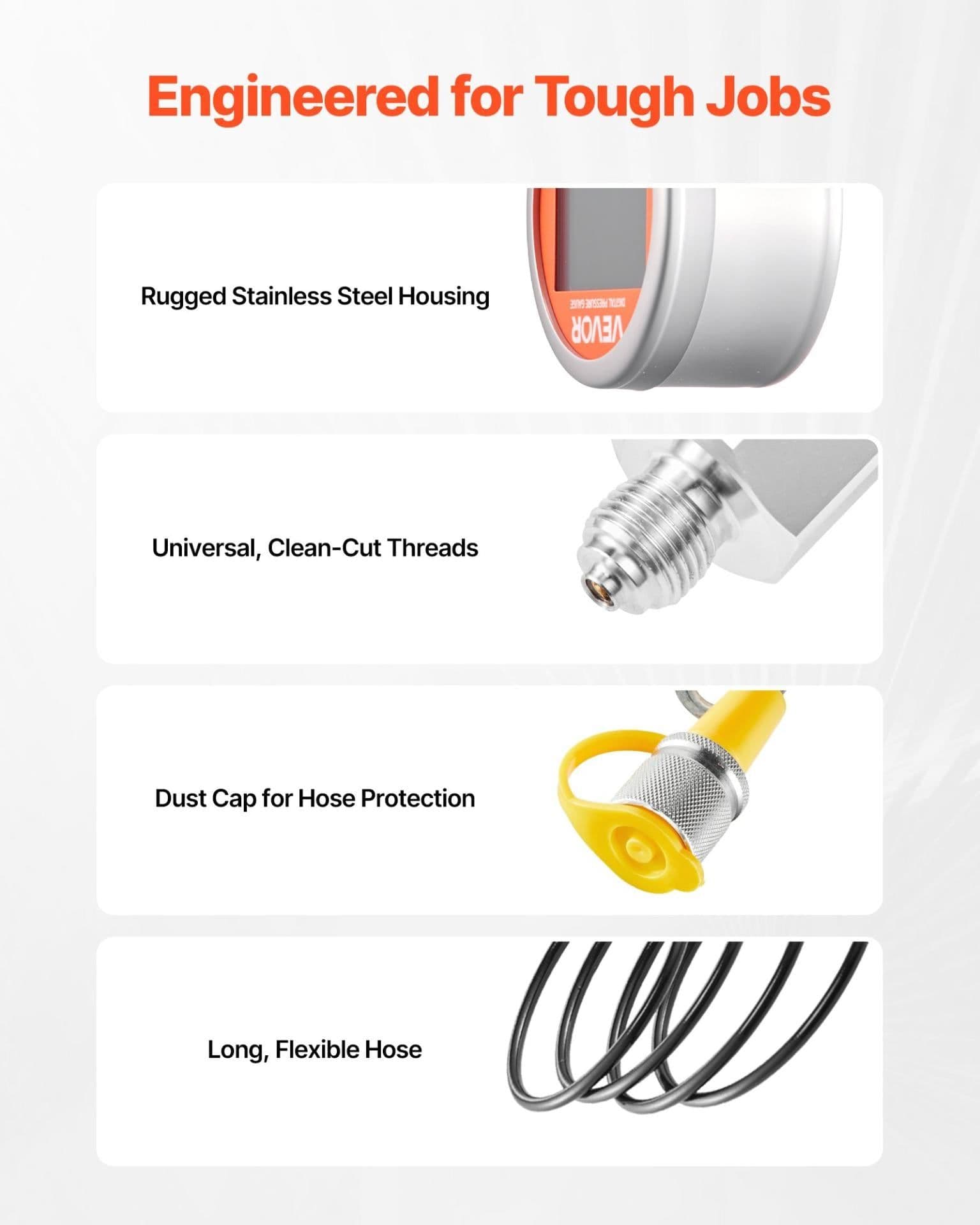 image-VEVOR Digital Hydraulic Pressure Test Coupling Kit, 10000 PSI Pressure Gauge Manometer Tester with 1 Gauge, 1 Test Coupling, 1 Quick-Release Coupler, and 1 Hose for Excavator Construction Machinery