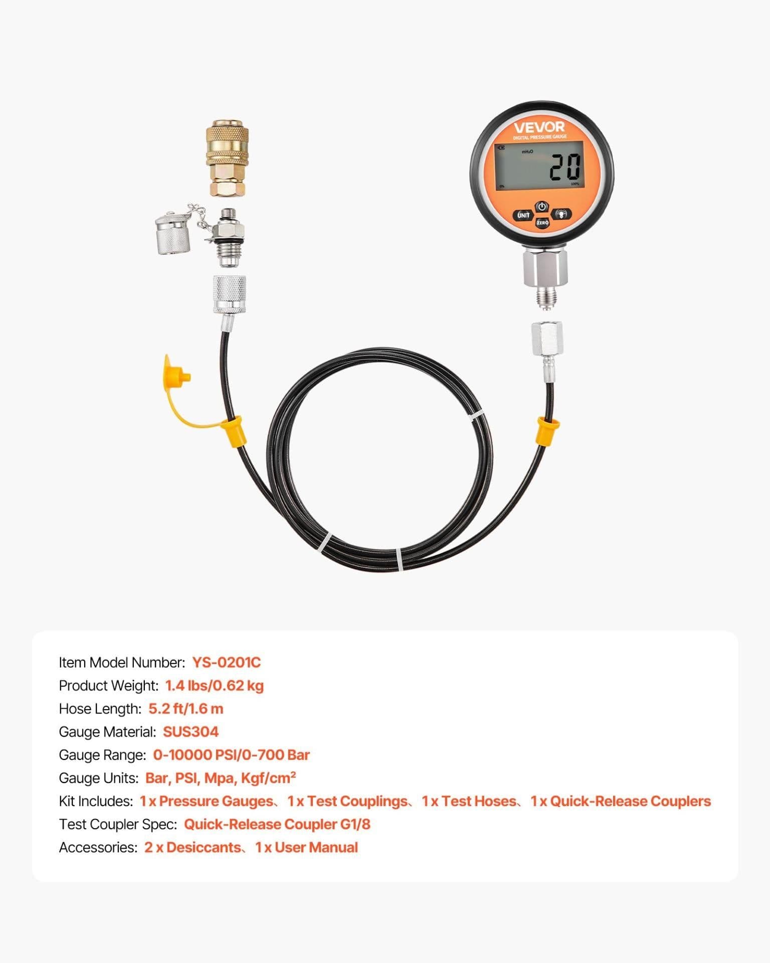 image-VEVOR Digital Hydraulic Pressure Test Coupling Kit, 10000 PSI Pressure Gauge Manometer Tester with 1 Gauge, 1 Test Coupling, 1 Quick-Release Coupler, and 1 Hose for Excavator Construction Machinery