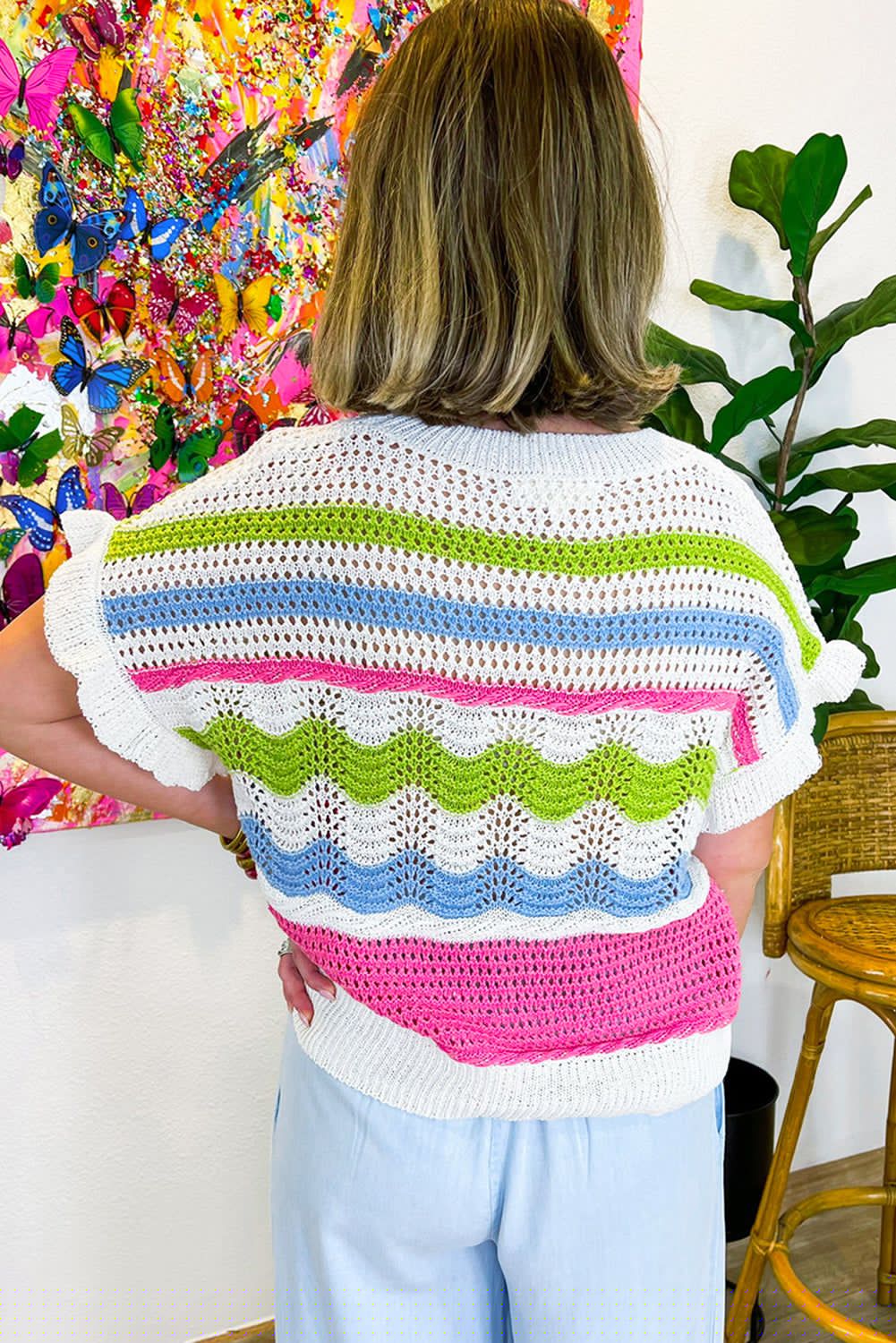 image-White Colorblock Crochet Knit Ruffled Short Sleeve Top