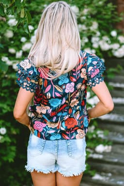 image-Floral Blouse - Green Trimmed Ruffle Sleeves Summer Top - Sizes Available