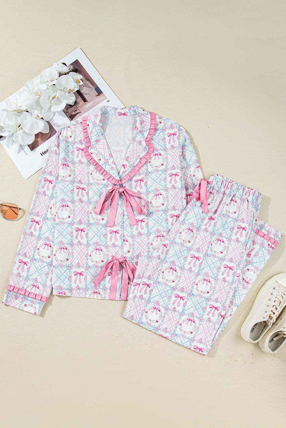 image-Pink Bow Wreath Christmas Pajama Set - Long Sleeve 2pc
