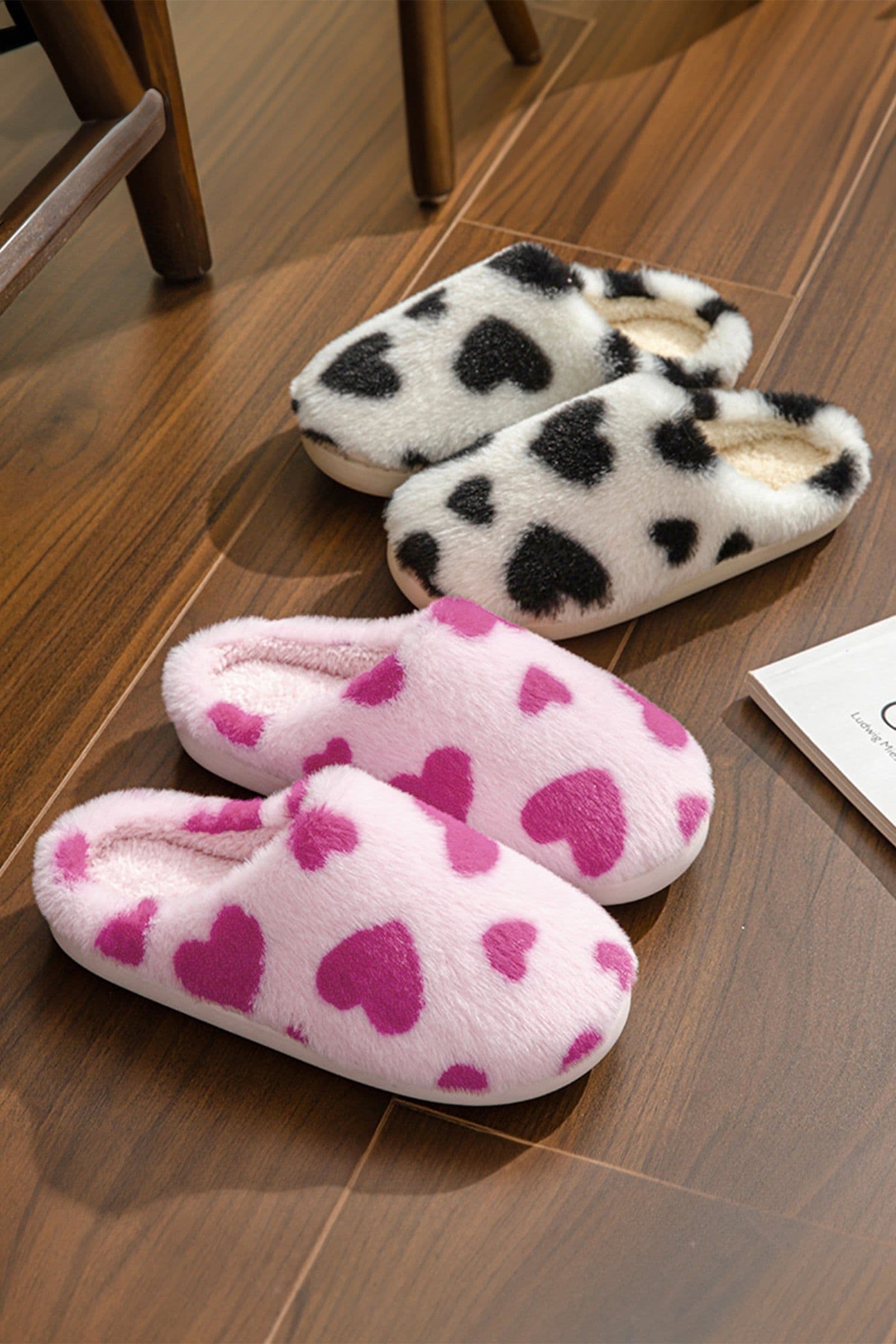 image-Heart Shape Fuzzy Slippers - Red