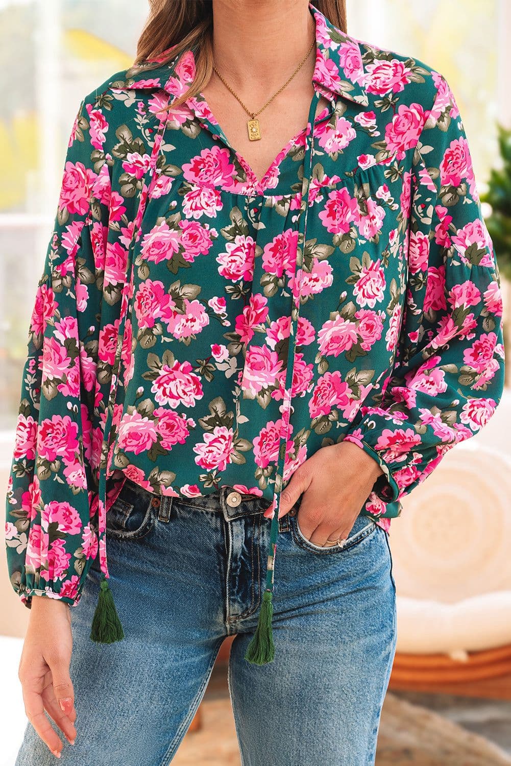 image-Floral Printed Tied Collar Puff Sleeve Blouse - Elegant & Feminine