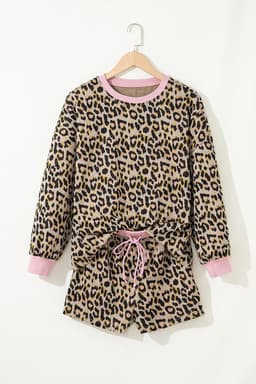 image-Pink Leopard Print Contrast Edge Long Sleeve Pullover Shorts Set