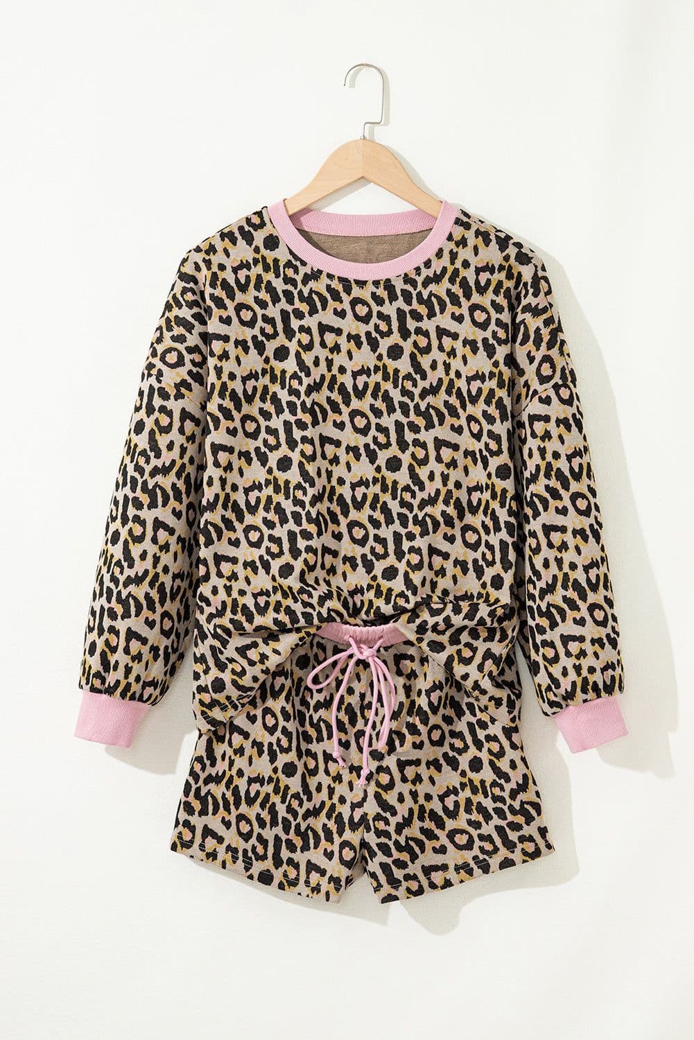 image-Pink Leopard Print Contrast Edge Long Sleeve Pullover Shorts Set