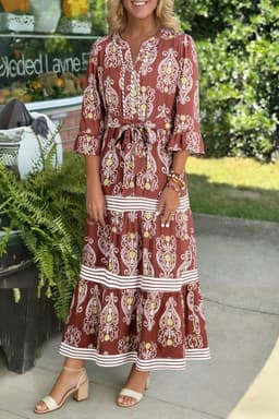 image-Brown Floral Maxi Dress - Belted Tiered Striped Trim